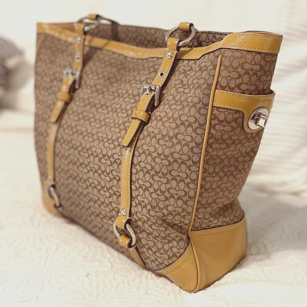 Coach Signature Jacquard Tan Canvas Large Leather Book Tote